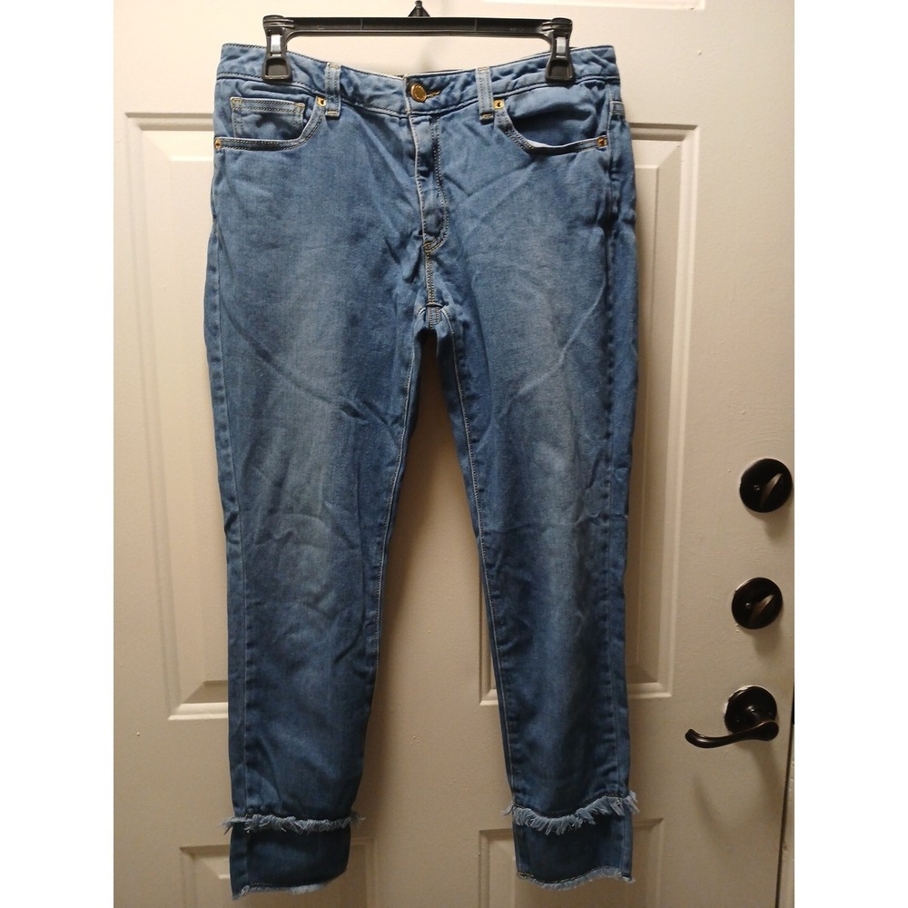 Michael Kors Izzy Skinny Size 6 Jeans Medium Wash Gold Pocket Logo Fringe Ankles